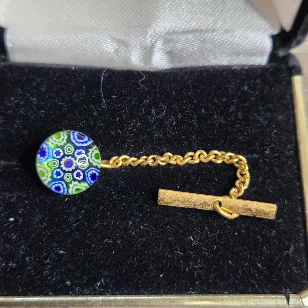 Vintage Millefiori Glass Mosaic Tie Tack Gold Tone Guard Chain Pin